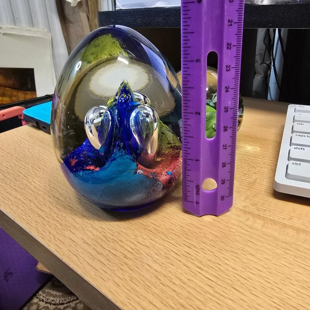 Vintage Art Glass Egg Paperweight Blue Yellow Red Controlled Bubble Swirl 3.75in